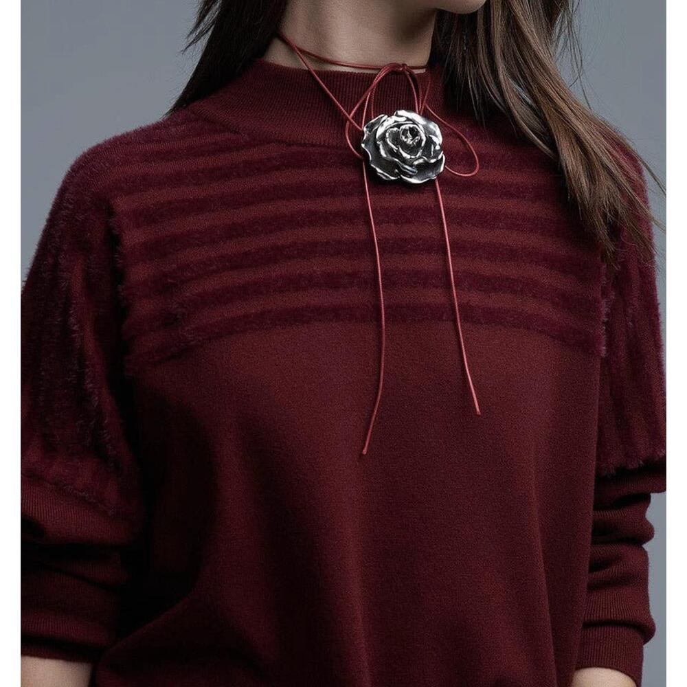 NEW Q2 mock neck relaxed sweater with textured stripes in burgundy